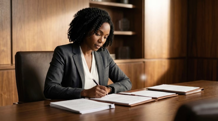 black female lawyer signing legal contract desk modern office_124595 10417